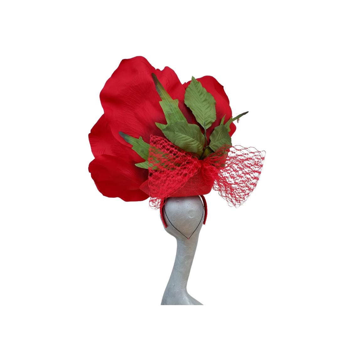 Lizzy - Oversized 75 cm  Red Silk Rose Fascinator