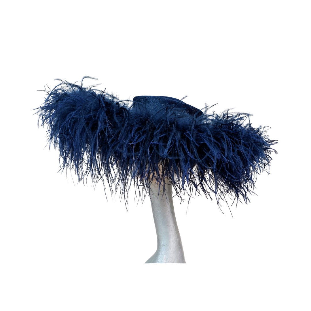 Emma - Extra large Hat with Ostrich feather boa in Navy