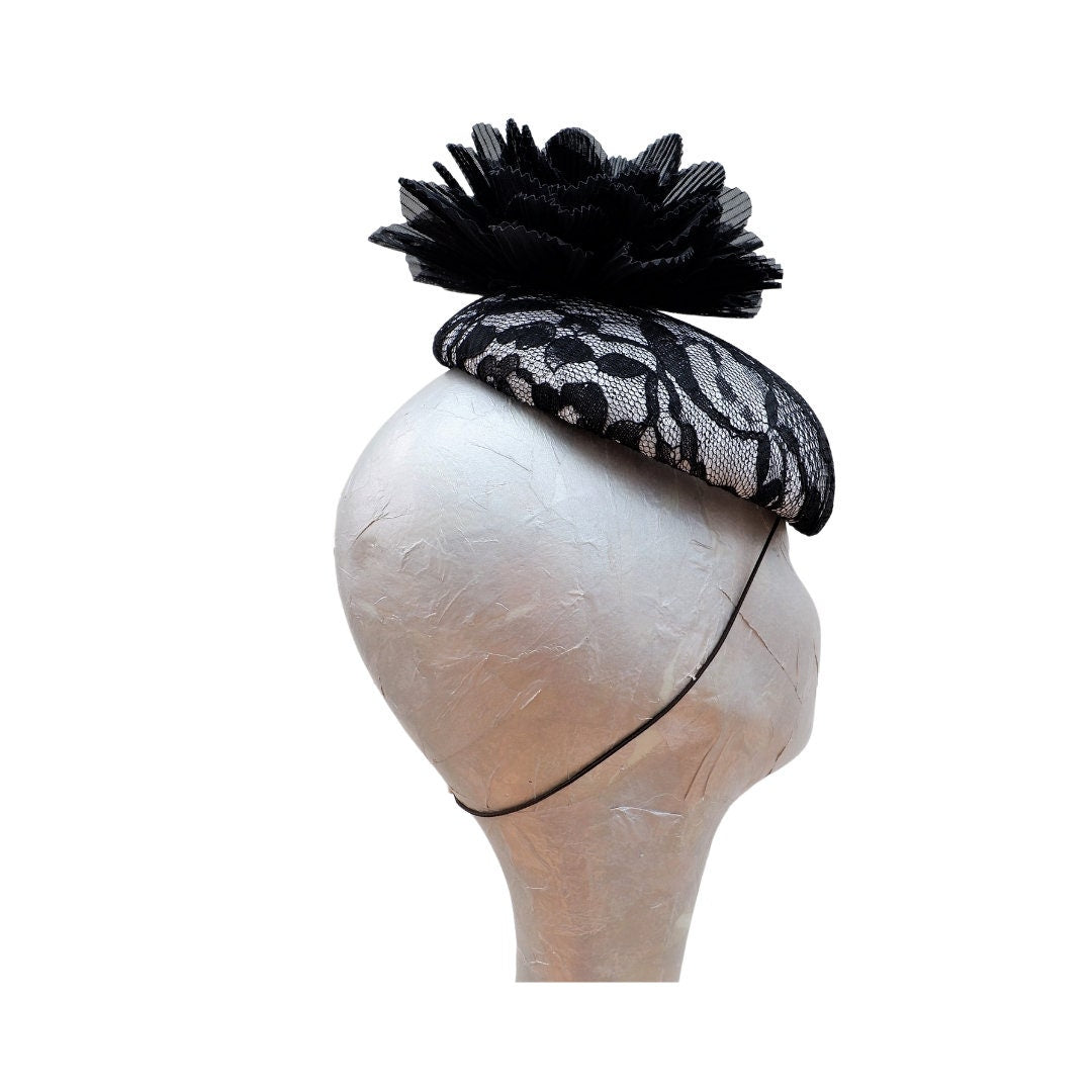 Faith  Black & White Lace Pillbox/Button Fascinator