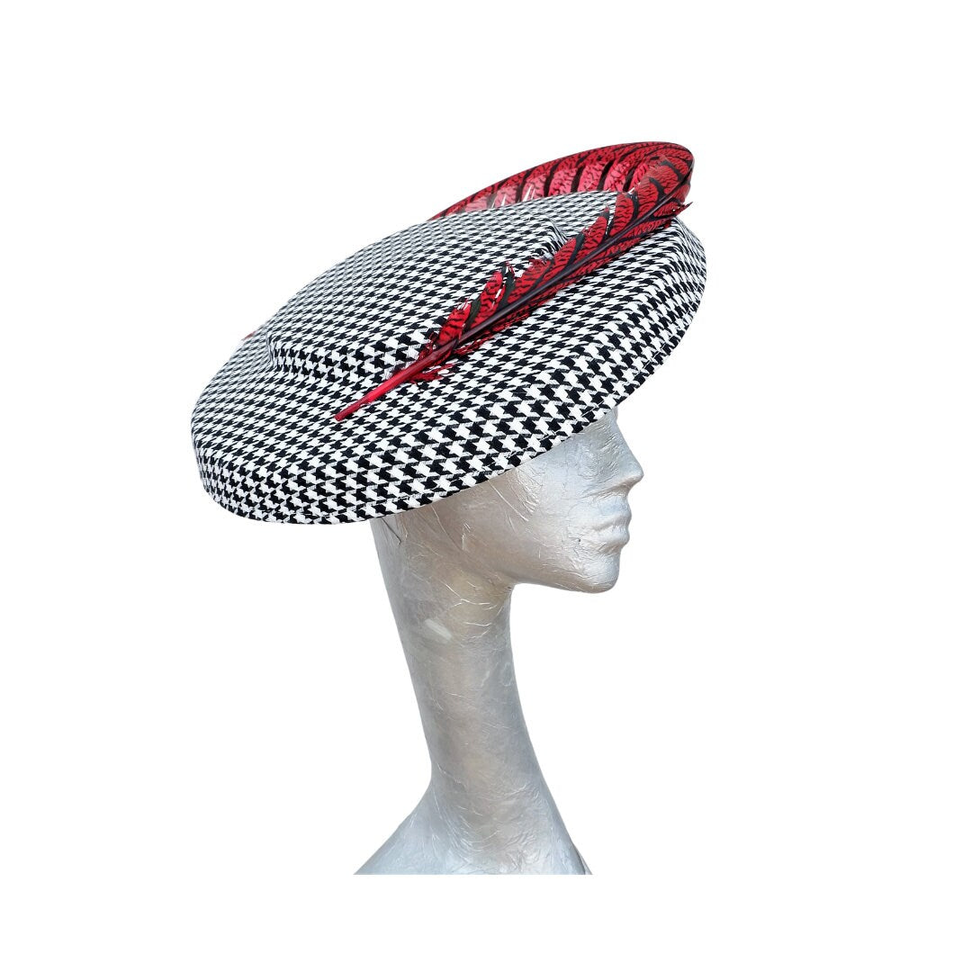 Albie - Hounds tooth Black & White hatinator with Red/Black Lady Amehurst Pheasant feather trim