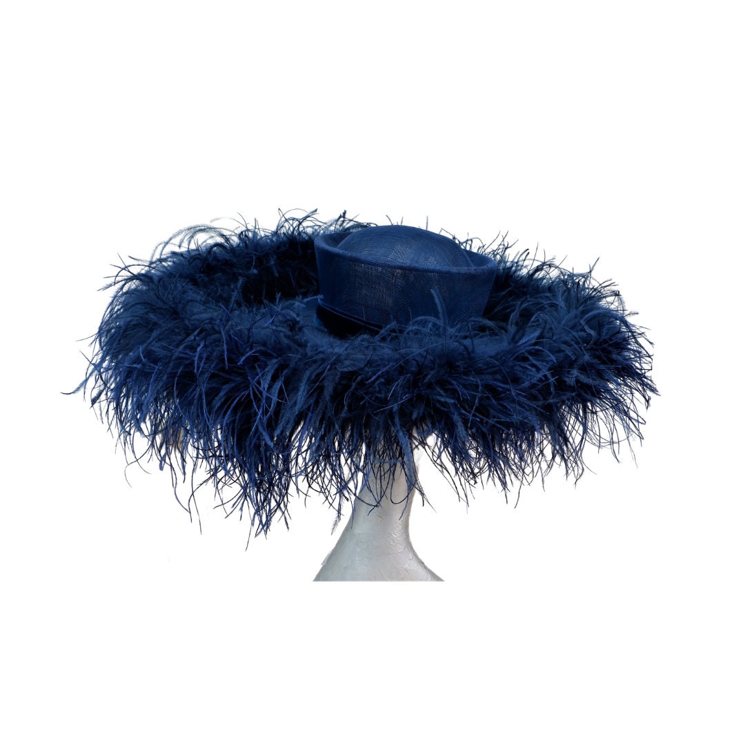 Emma - Extra large Hat with Ostrich feather boa in Navy