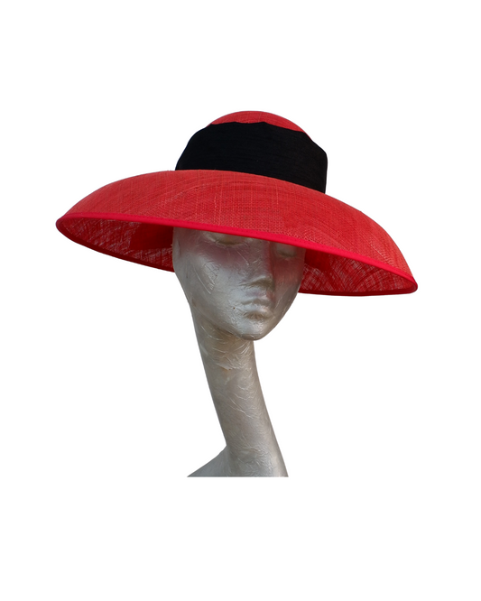 Gigi - Red Down brim hat with Black Dupion Silk  Bow