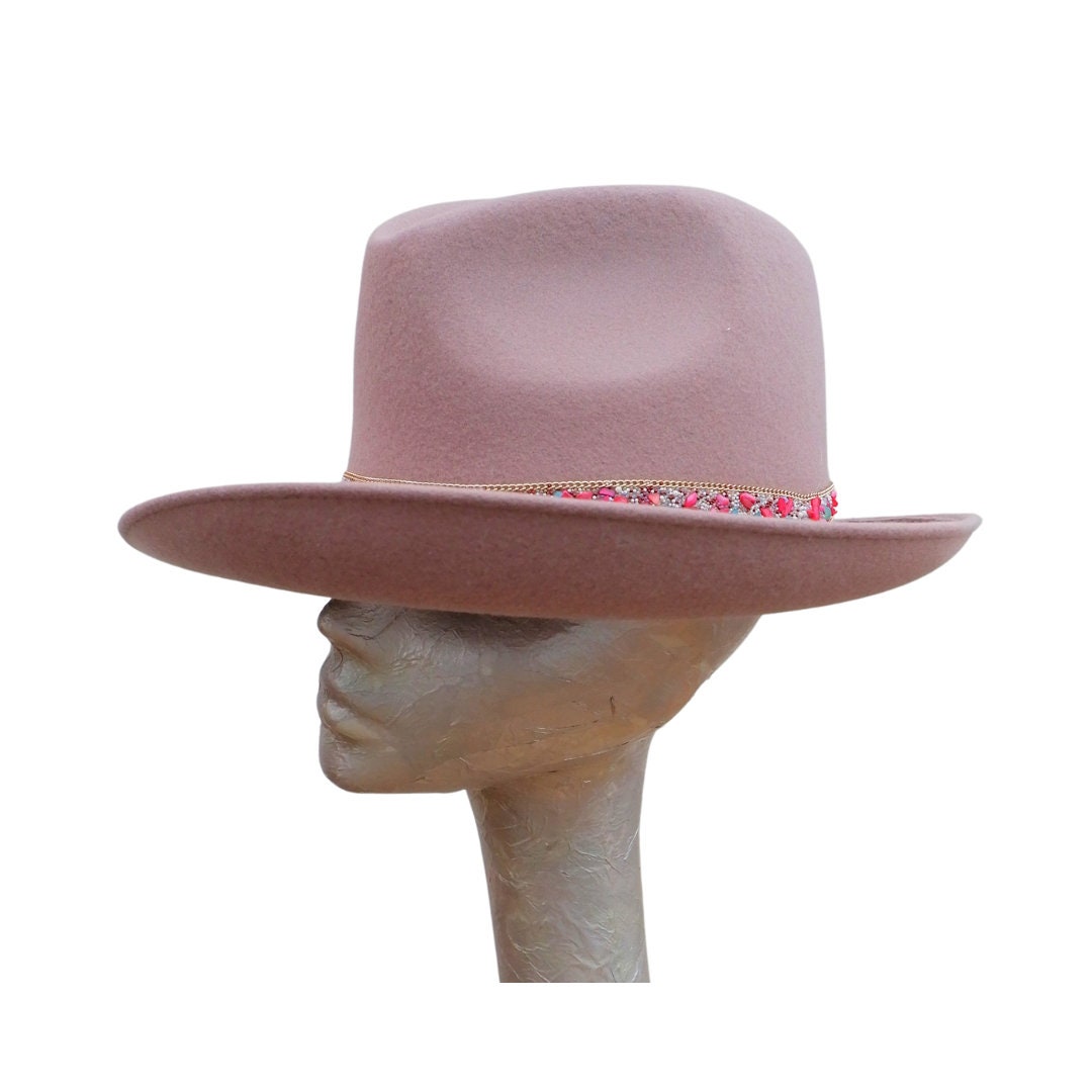 Mabel - Blush Felt Trilby Hat with Gemstone Trim