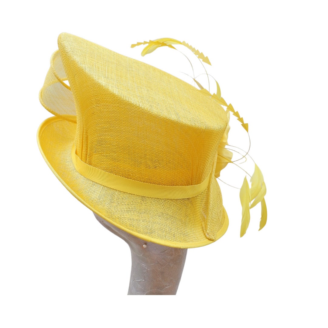 Cirrus - Maize Yellow feature hat with feather & Silk flower detail