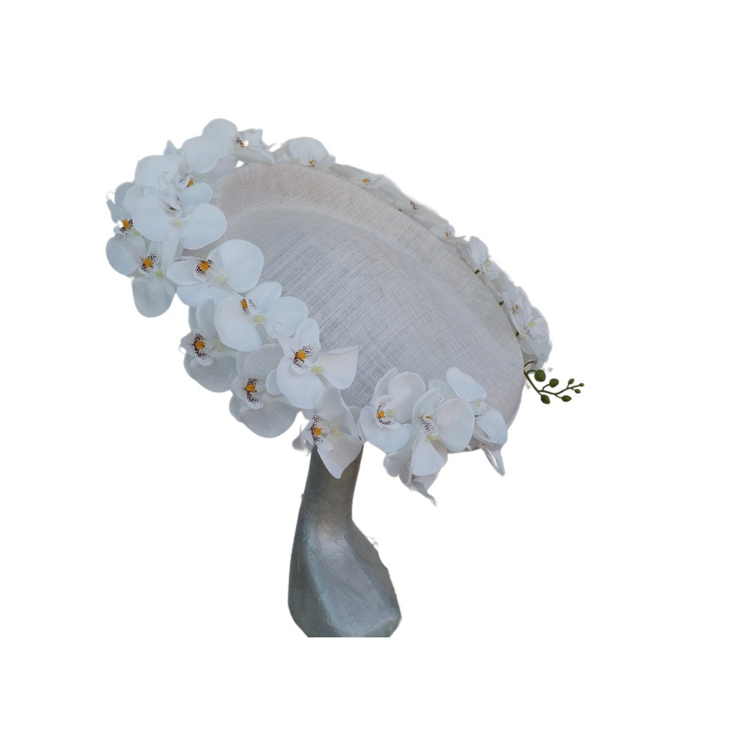 Amanda - Extra large White Hatinator edged with Silk Orchids