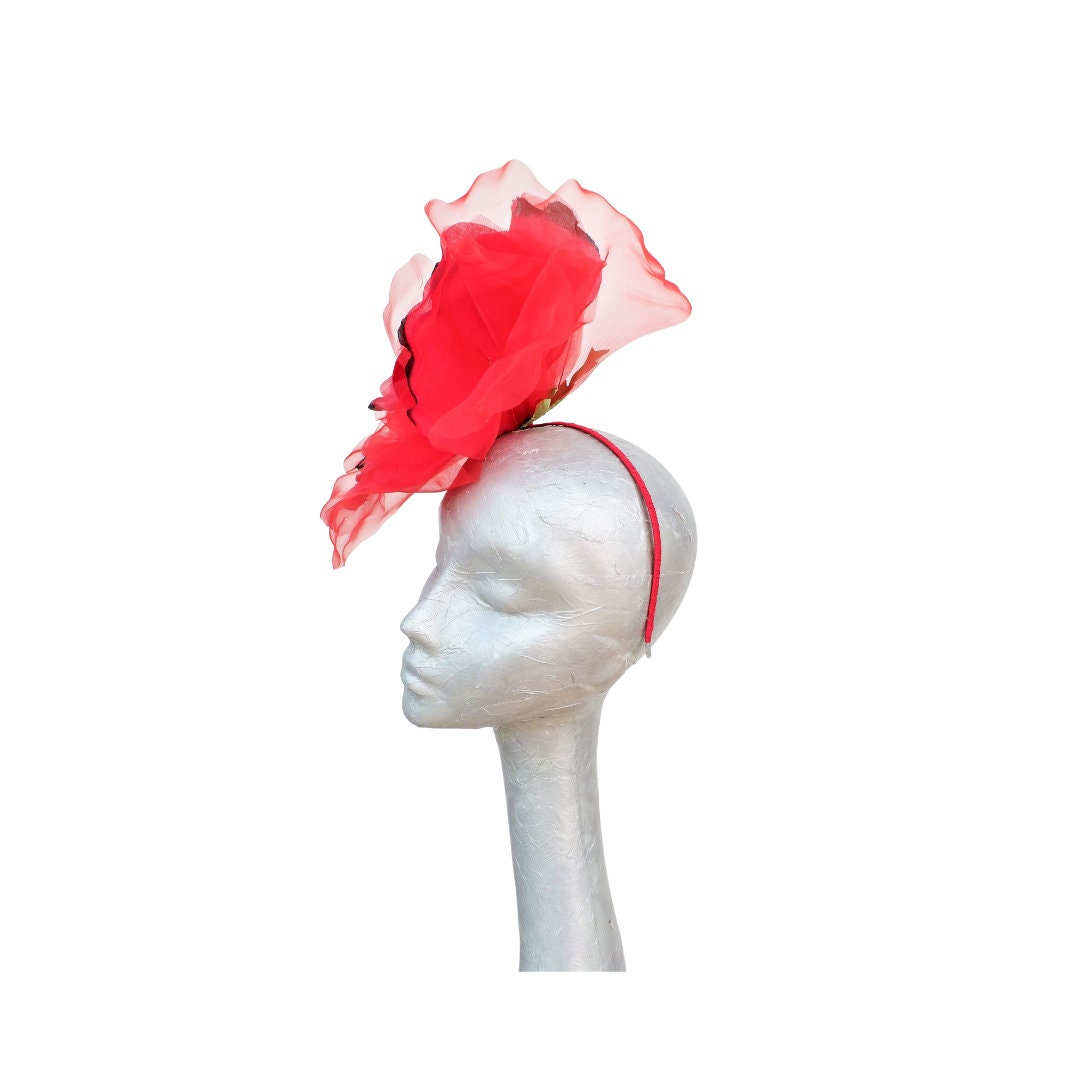 Ava--- Scarlet Red & Black silk/organza 12" flower fascinator
