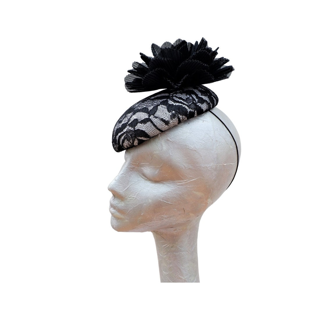 Faith  Black & White Lace Pillbox/Button Fascinator