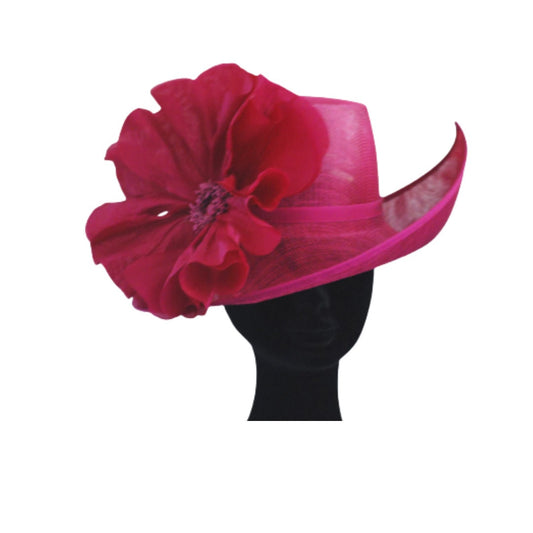 Magenta irregular shaped feature hat with silk poppy-- Style name Poppy Made to Order