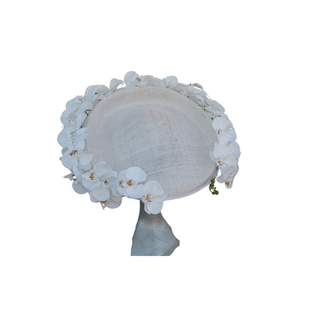 Amanda - Extra large White Hatinator edged with Silk Orchids