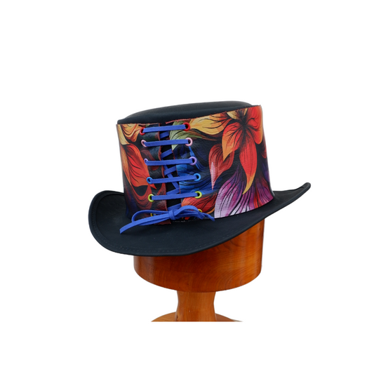 Carl - Black Leather hat with Multi coloured Trim.