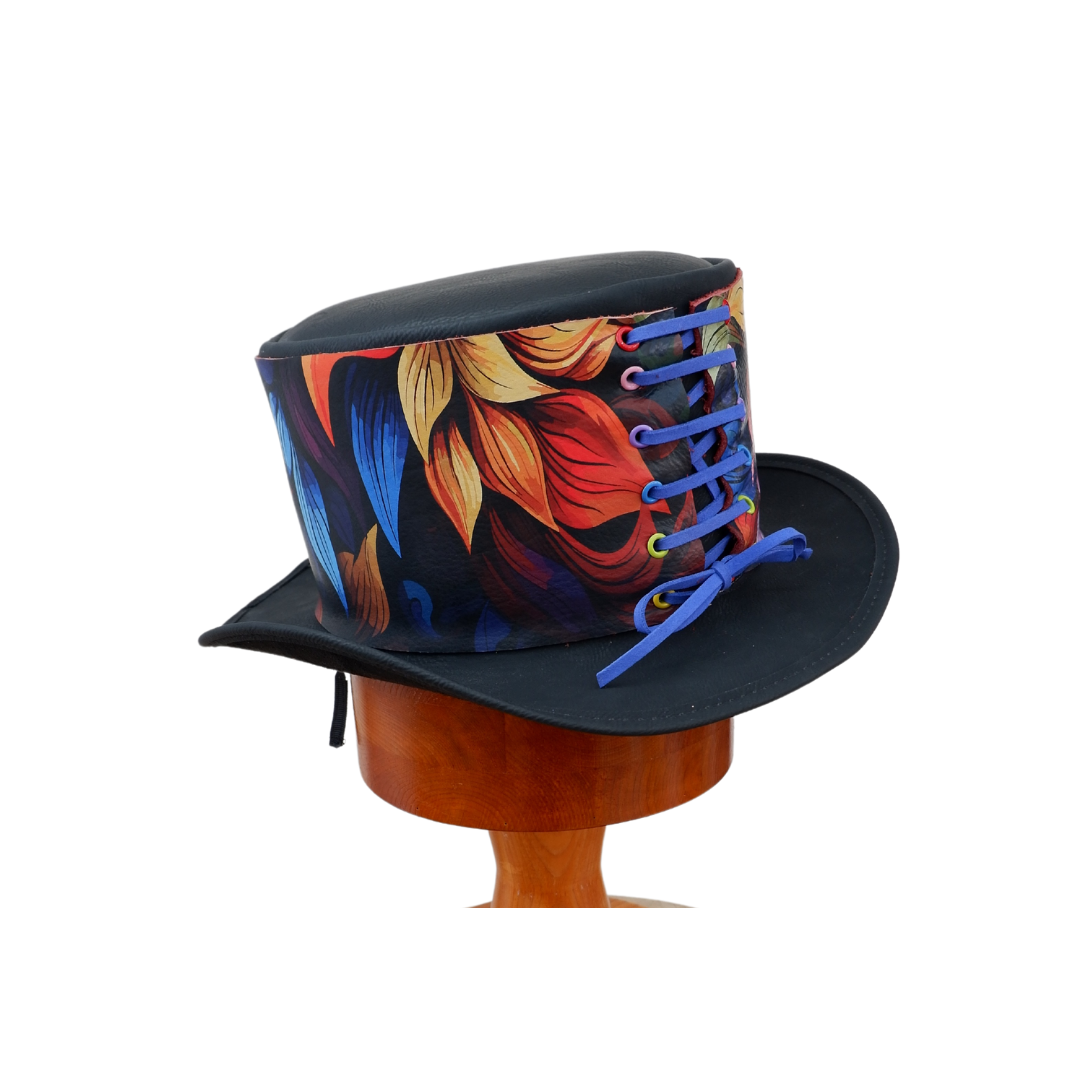 Carl - Black Leather hat with Multi coloured Trim.