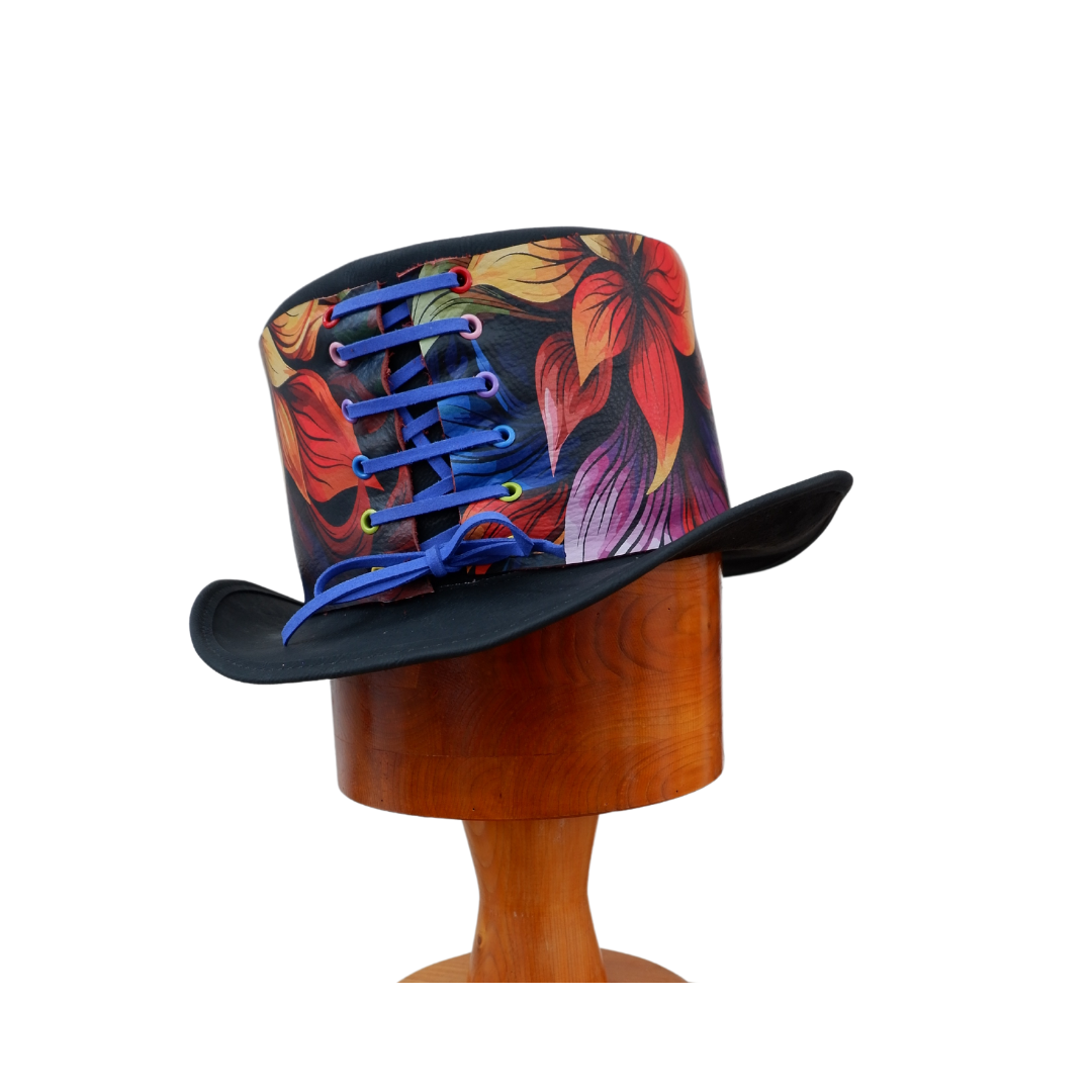 Carl - Black Leather hat with Multi coloured Trim.