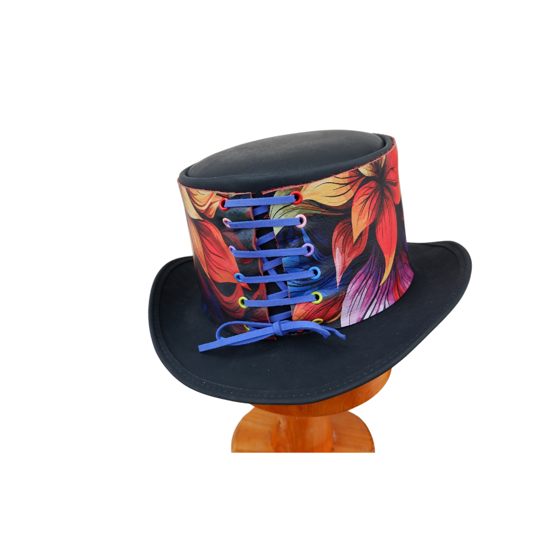 Carl - Black Leather hat with Multi coloured Trim.