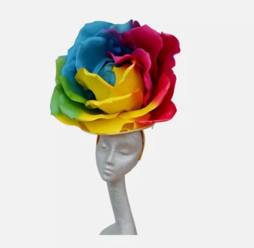 Lizzy - Giant oversized 50cm Rainbow rose fascinator with Yellow merry widow netted bow