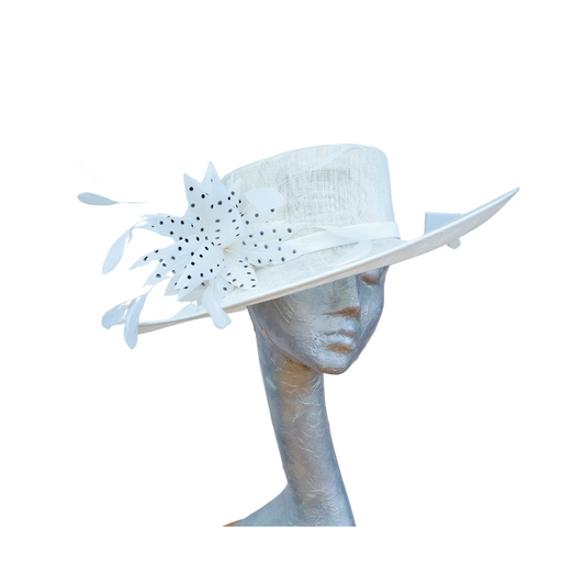 Joanie - Ivory side sweep feature hat with Ivory & Black polka dot  feather trim