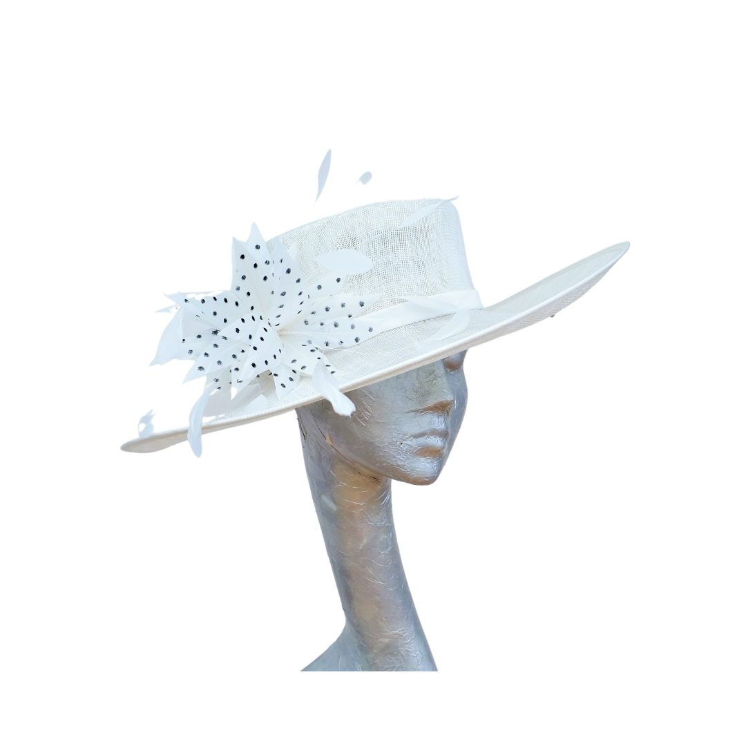 Joanie - Ivory side sweep feature hat with Ivory & Black polka dot  feather trim