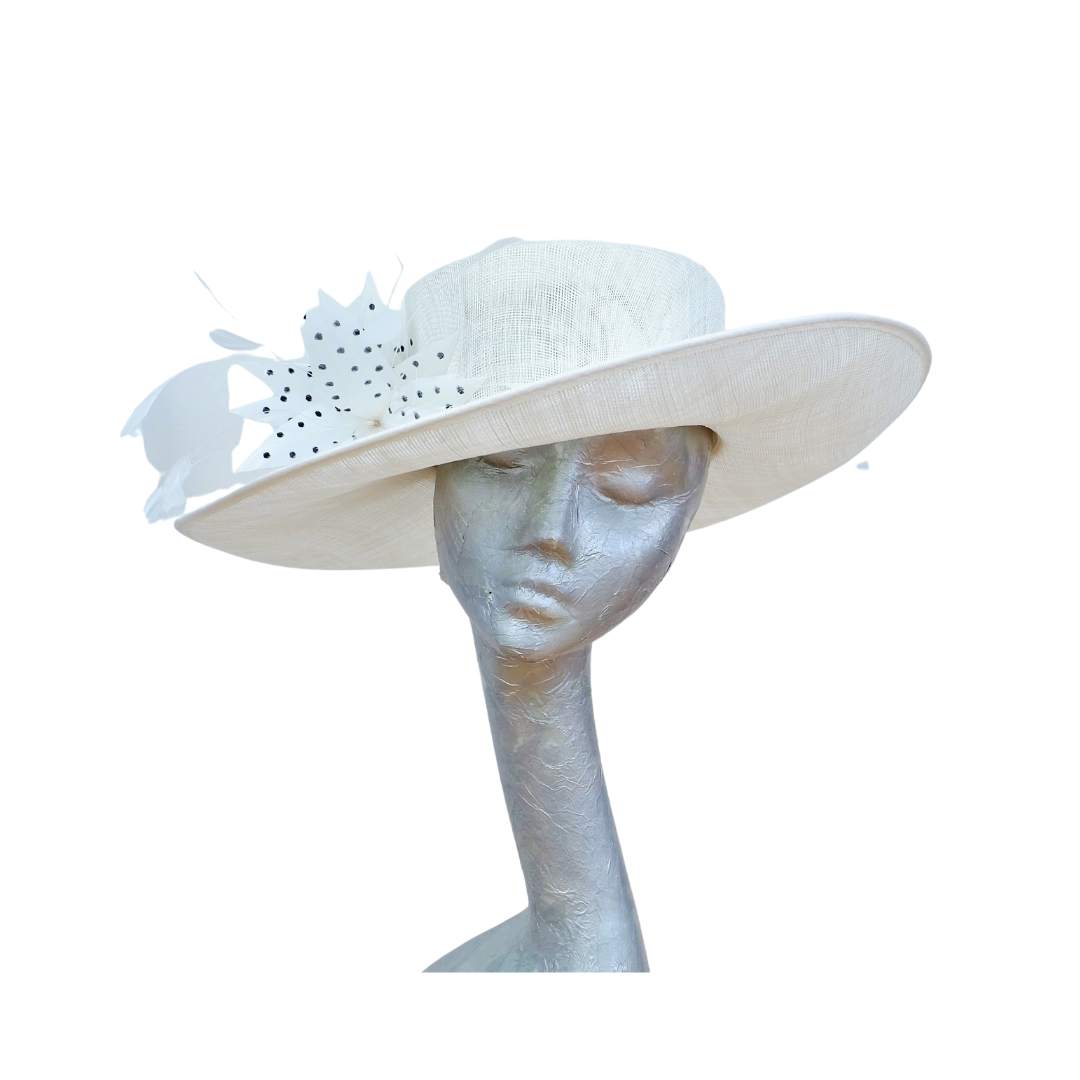 Joanie - Ivory side sweep feature hat with Ivory & Black polka dot  feather trim