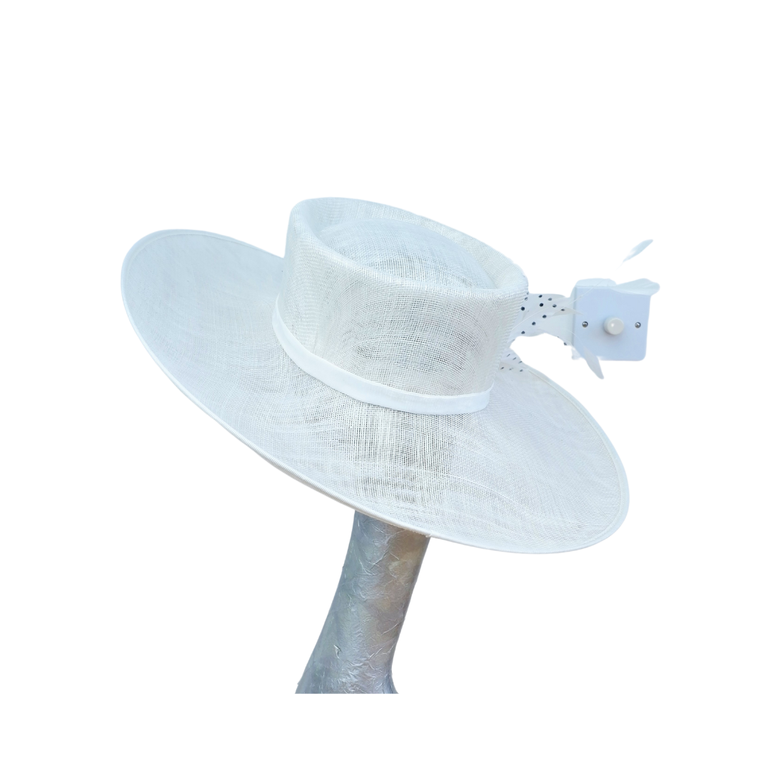 Joanie - Ivory side sweep feature hat with Ivory & Black polka dot  feather trim