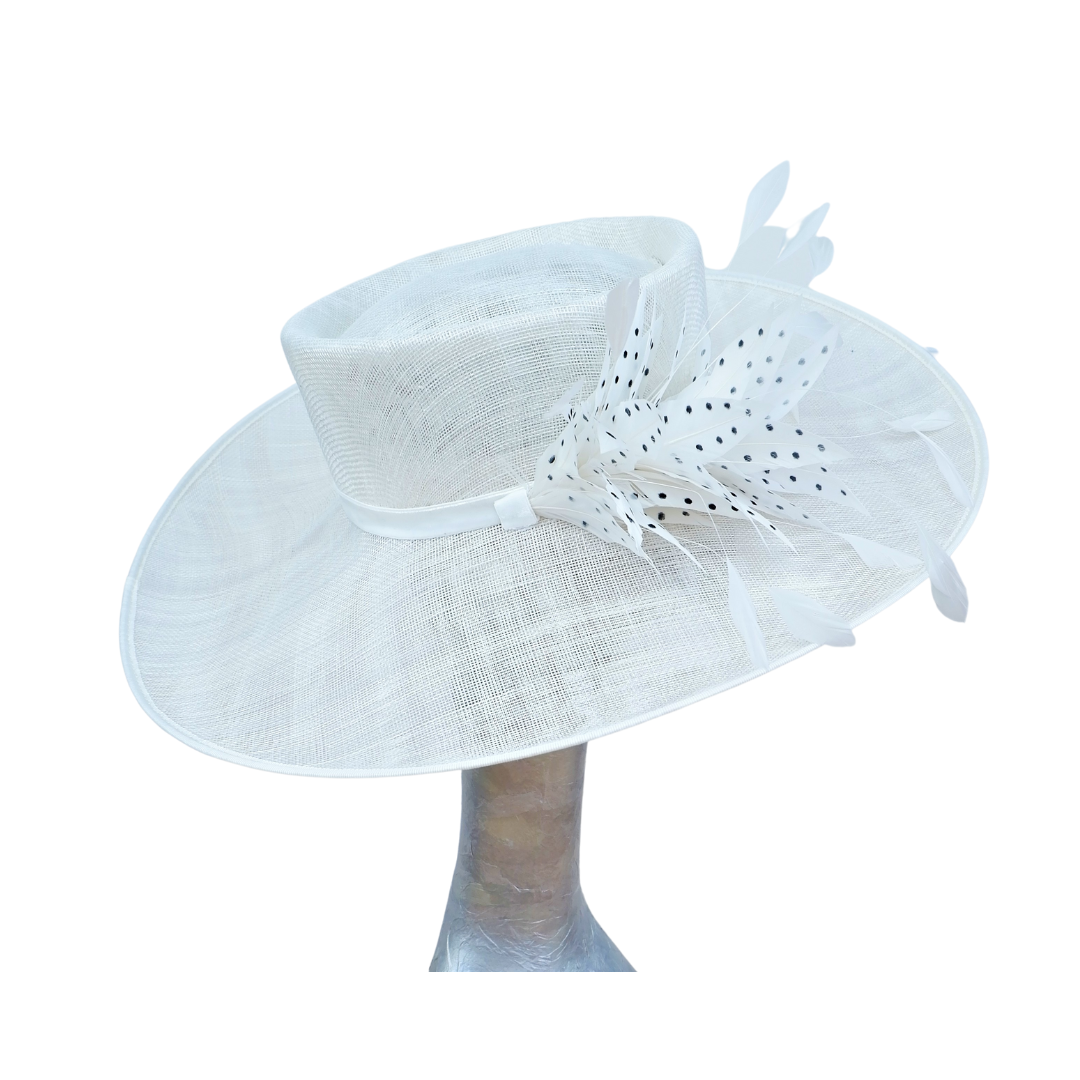 Joanie - Ivory side sweep feature hat with Ivory & Black polka dot  feather trim