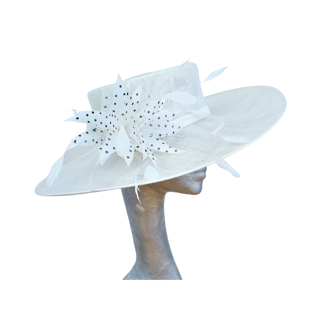 Joanie - Ivory side sweep feature hat with Ivory & Black polka dot  feather trim