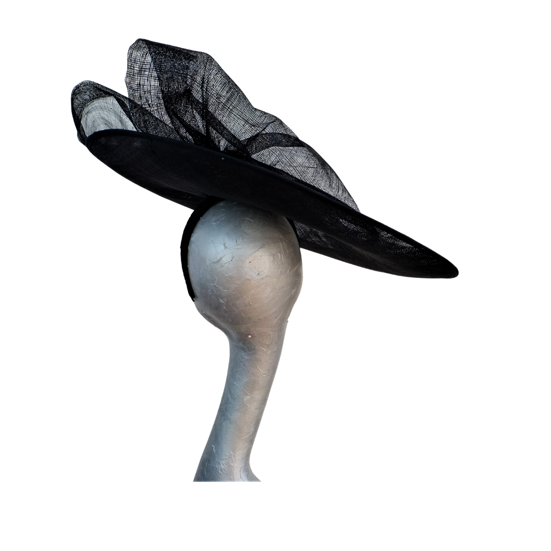 Sazz - Large round Black feature saucer hatinator with Large Black Sinamay bow