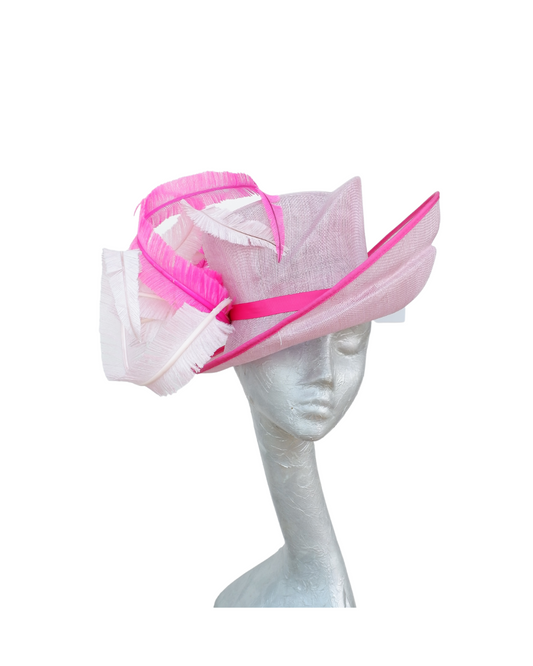 Shelby  -3 Tone Orchid Pink Hat with Cerise pink , Clover pink Feathers trimmed in fuchsia