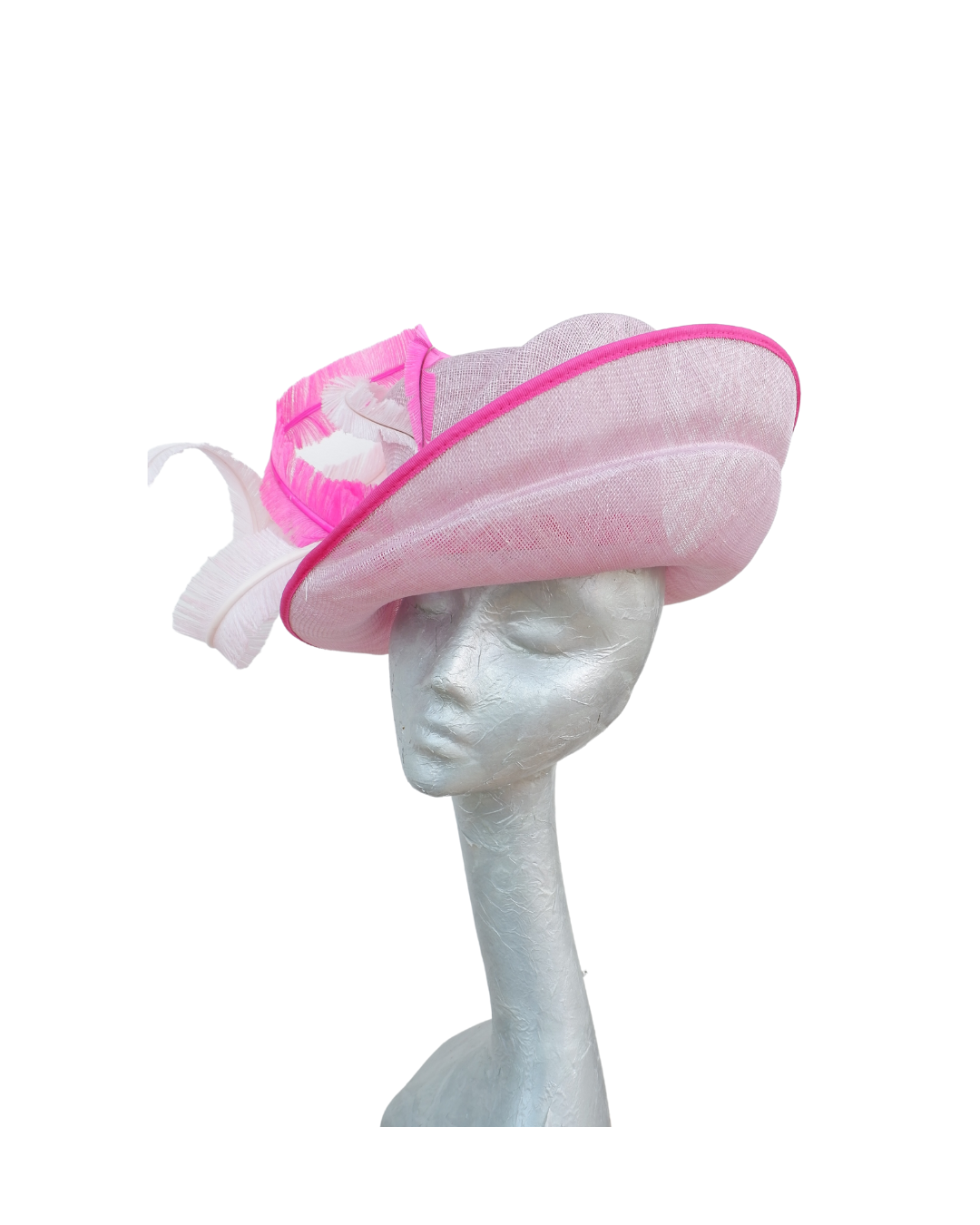 Shelby  -3 Tone Orchid Pink Hat with Cerise pink , Clover pink Feathers trimmed in fuchsia