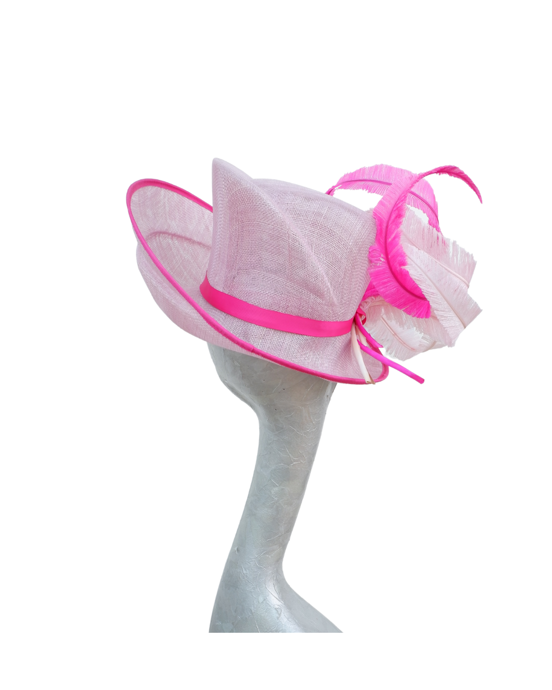 Shelby  -3 Tone Orchid Pink Hat with Cerise pink , Clover pink Feathers trimmed in fuchsia