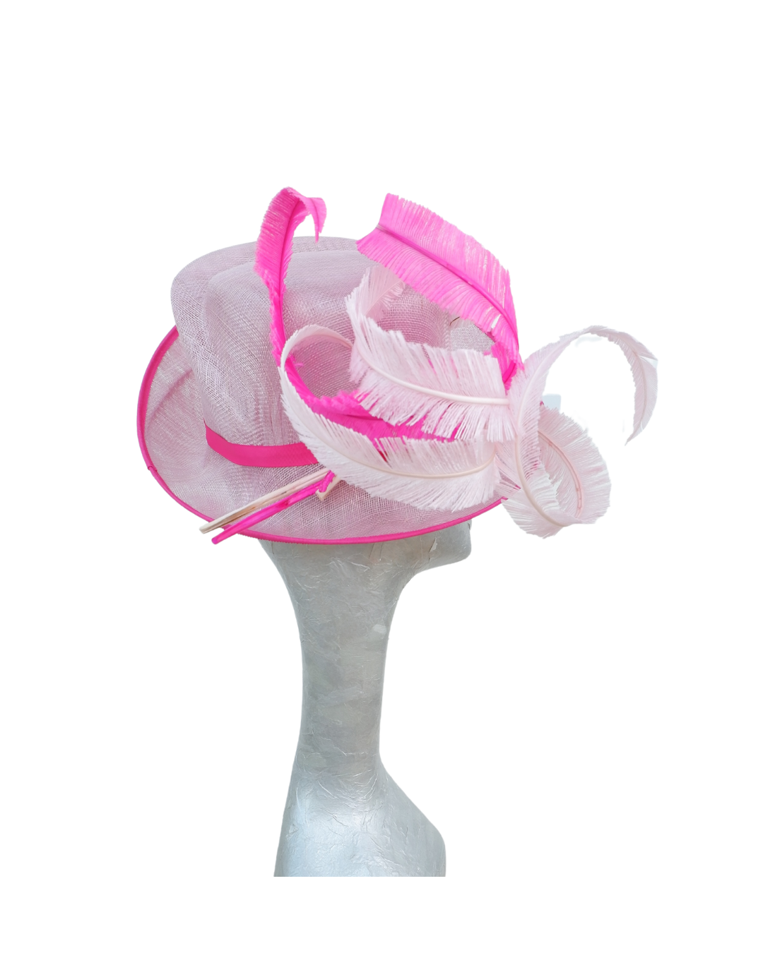 Shelby  -3 Tone Orchid Pink Hat with Cerise pink , Clover pink Feathers trimmed in fuchsia
