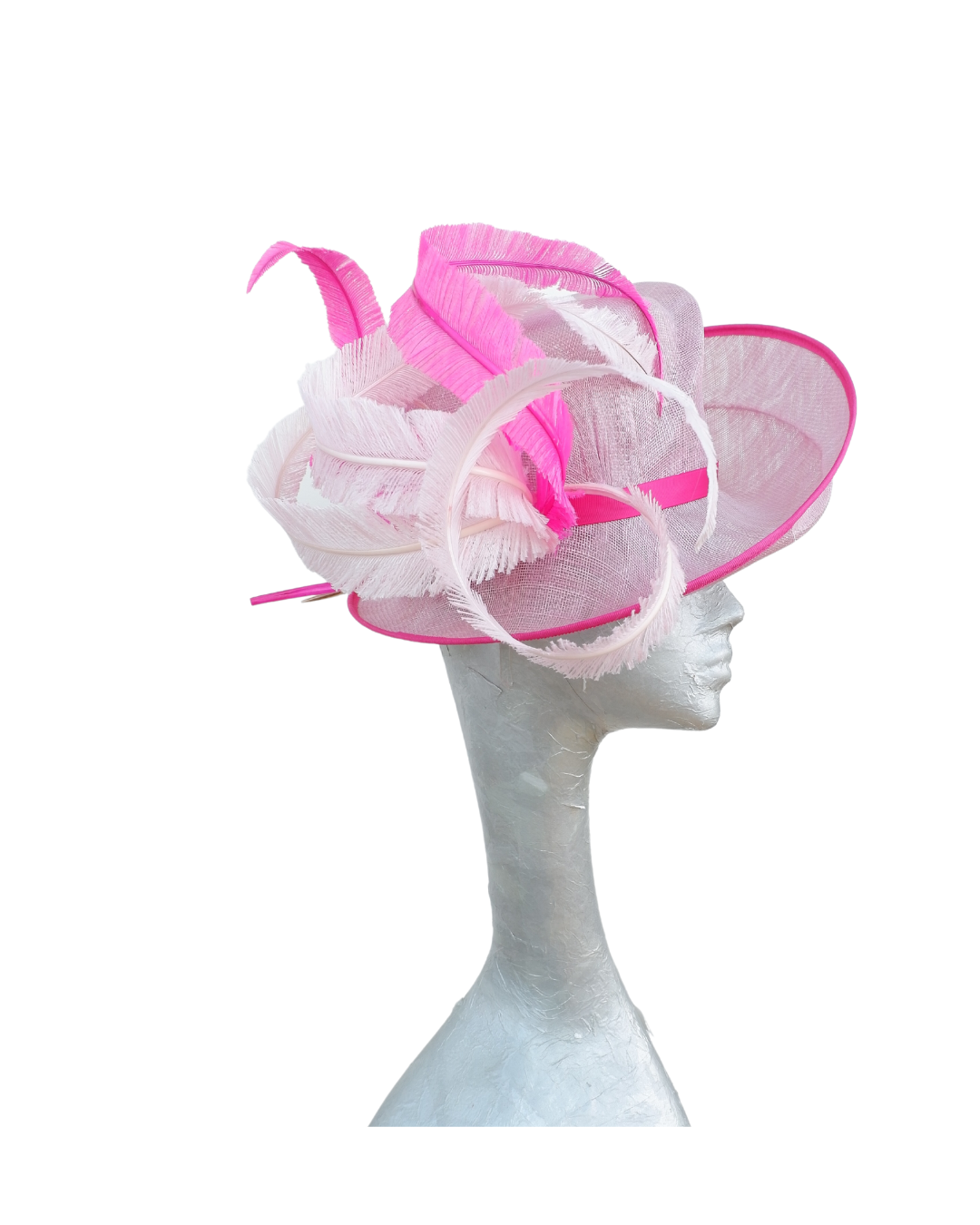 Shelby  -3 Tone Orchid Pink Hat with Cerise pink , Clover pink Feathers trimmed in fuchsia