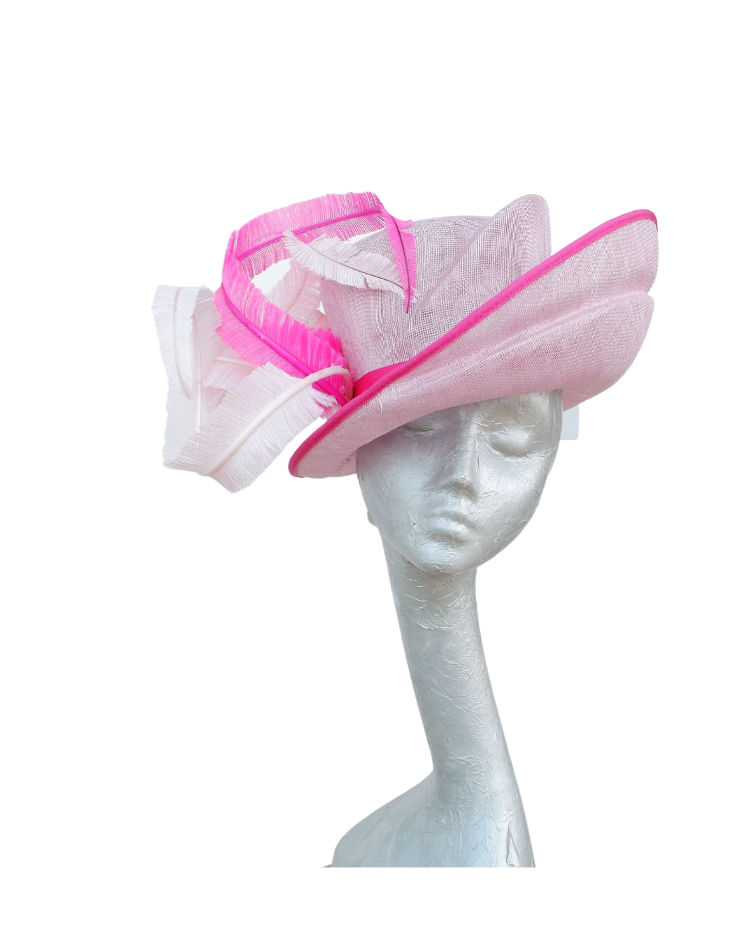 Shelby  -3 Tone Orchid Pink Hat with Cerise pink , Clover pink Feathers trimmed in fuchsia