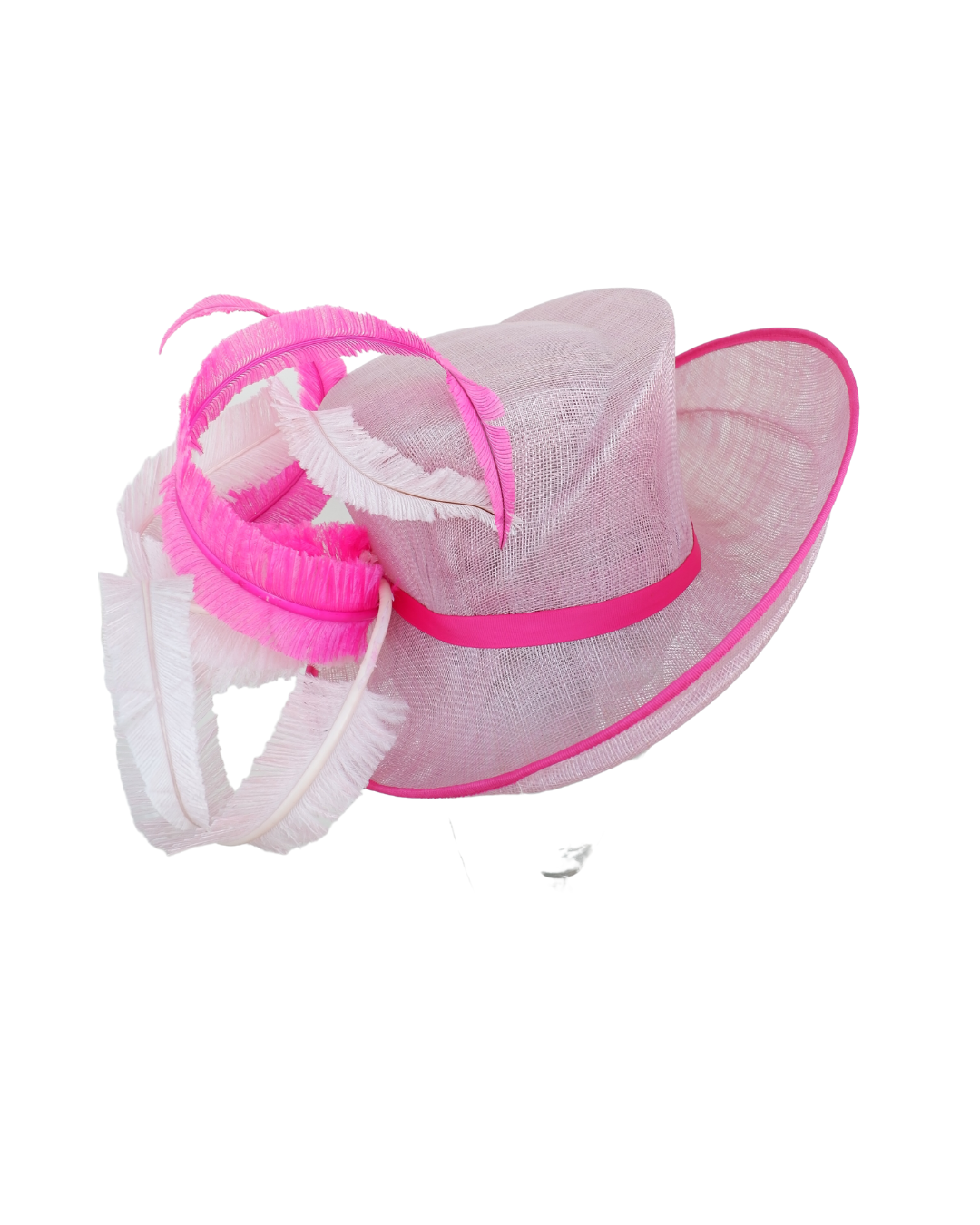 Shelby  -3 Tone Orchid Pink Hat with Cerise pink , Clover pink Feathers trimmed in fuchsia