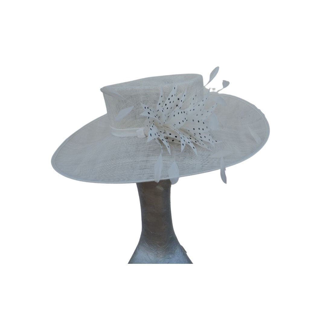 Joanie - Ivory side sweep feature hat with Ivory & Black polka dot  feather trim