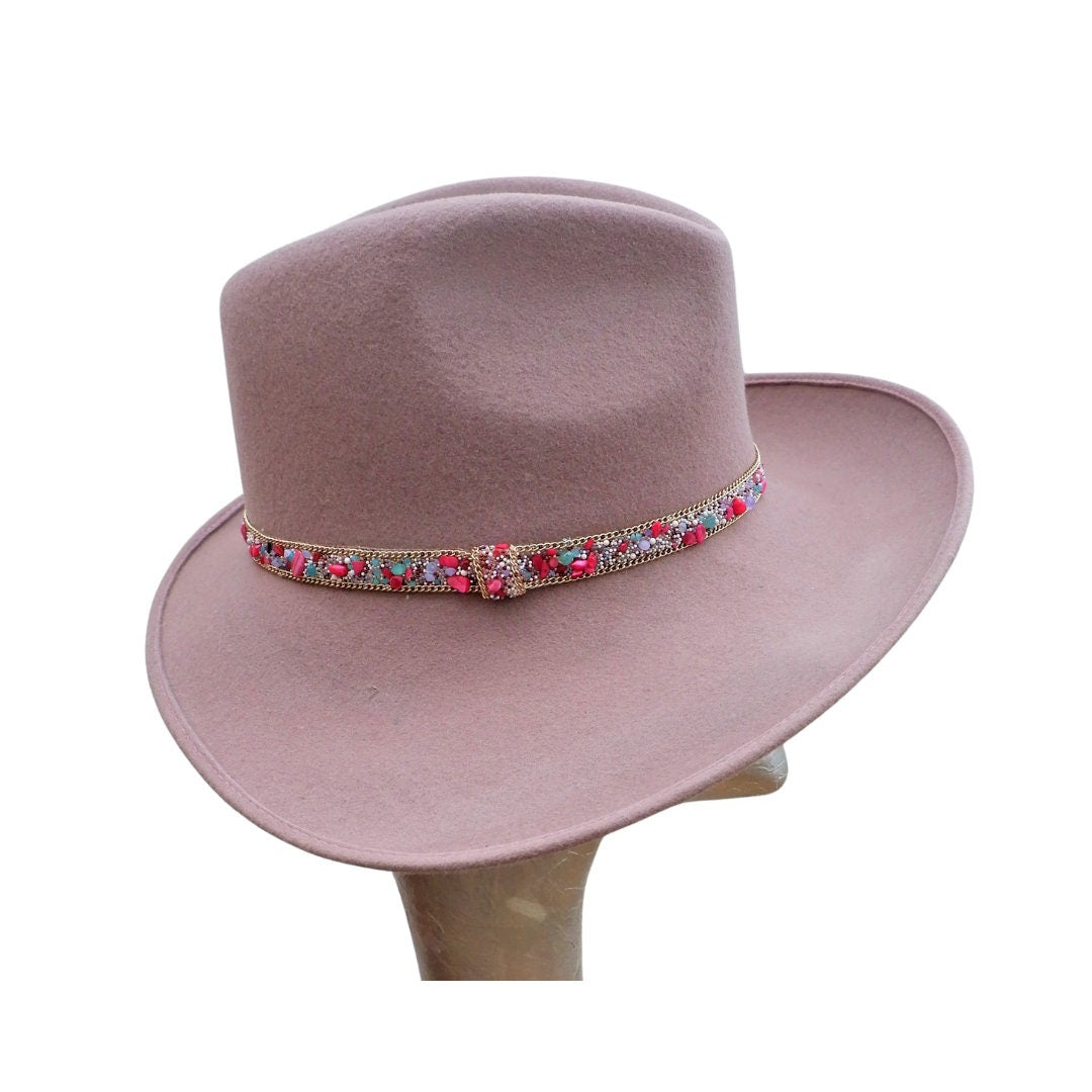 Mabel - Blush Felt Trilby Hat with Gemstone Trim