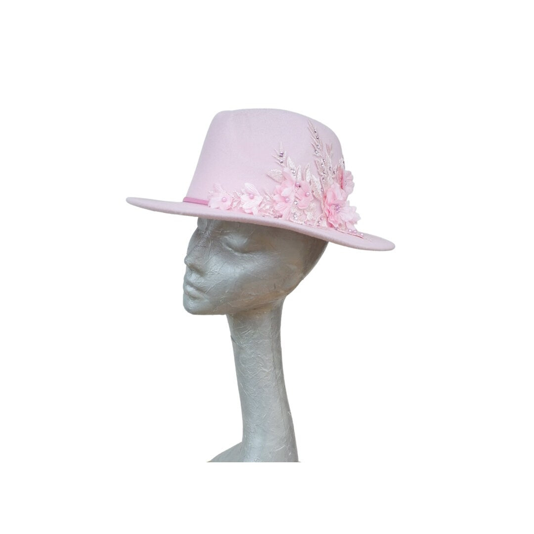 Margot - Faux Felt Trilby with Lace applique detail
