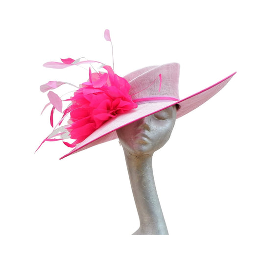 Helena -large Orchid Pink Hat with Fuchsia pink organza flower & Pink feathers