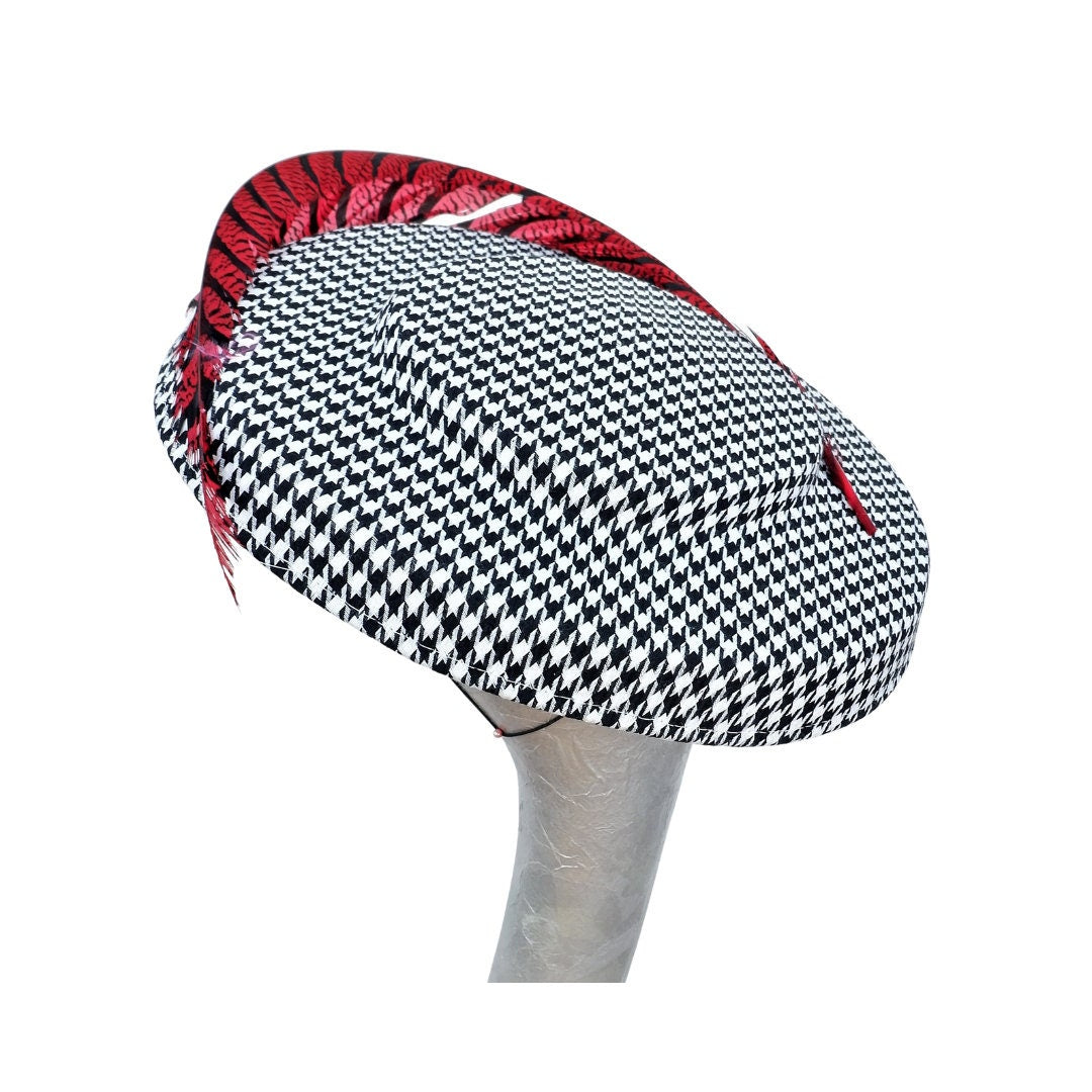 Albie - Hounds tooth Black & White hatinator with Red/Black Lady Amehurst Pheasant feather trim