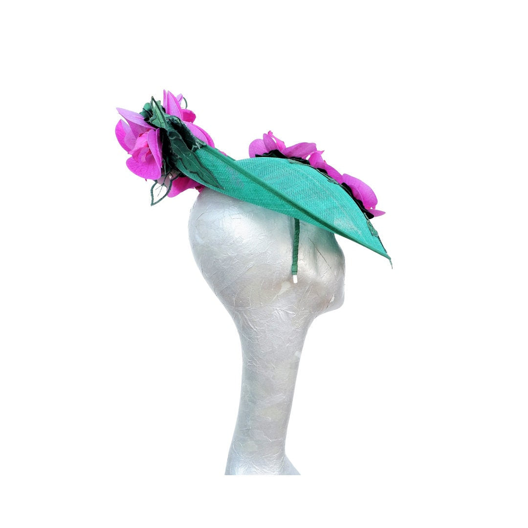 Orkney - Emerald Green Sinamay fascinator with Cerise touch Orchids