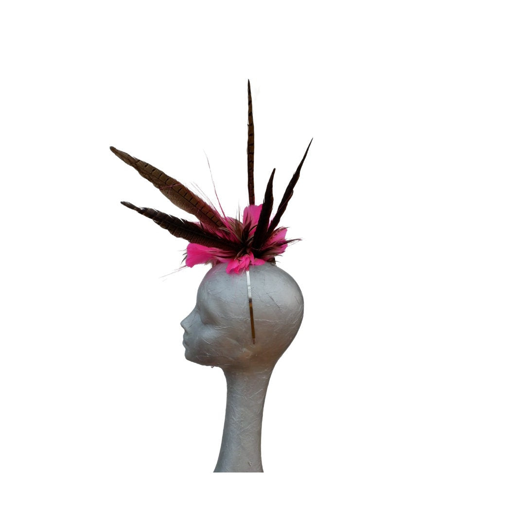 Flo - Fluorescent pink & natural feather fascinator