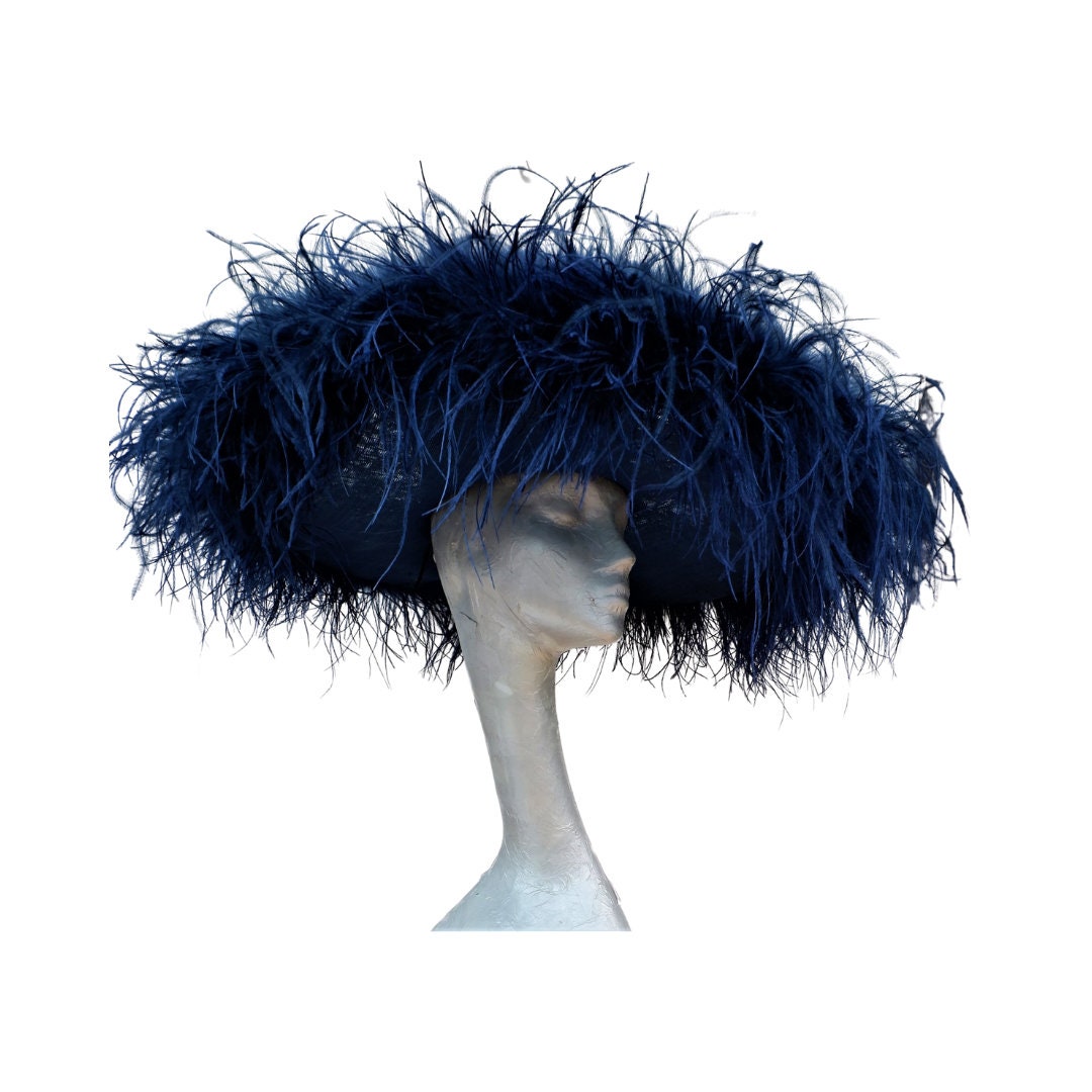Emma - Extra large Hat with Ostrich feather boa in Navy