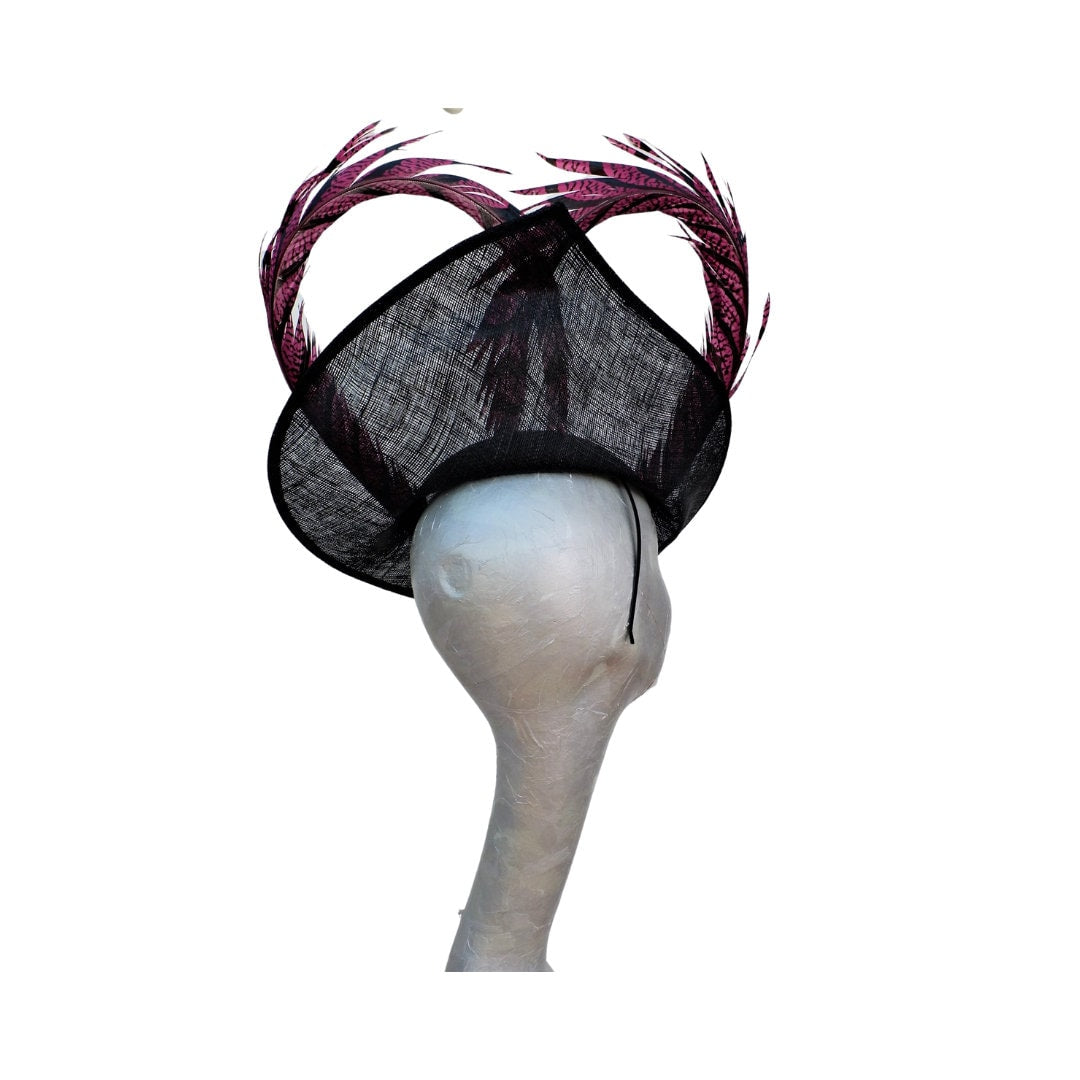 Amore - Black Pointed Hatinator with 94cm Fuchsia & Black Lady Amherst Pheasant Feathers