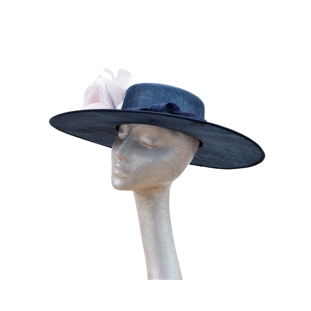 Henley - Navy Blue Sinamay Boater with Blush Flower