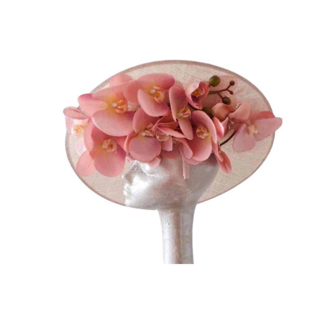 Nancy - Nude Sinamay fascinator with Dusky Pink Real touch Orchids