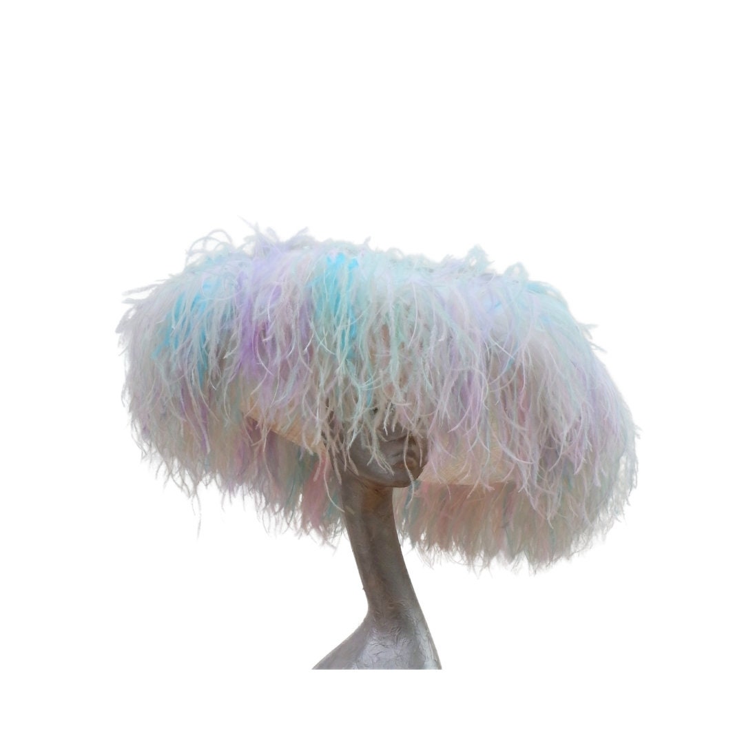 Emma - Extra large Hat Nude & Multi pastel Rainbow feathers