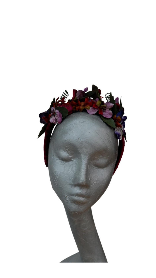 Viola - Claret Velvet Fascinator Headband with Multi Vintage pansies