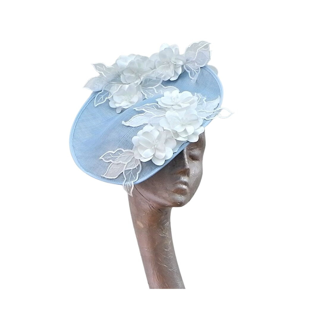 Skye- Sky Blue & white lace Applique fascinator