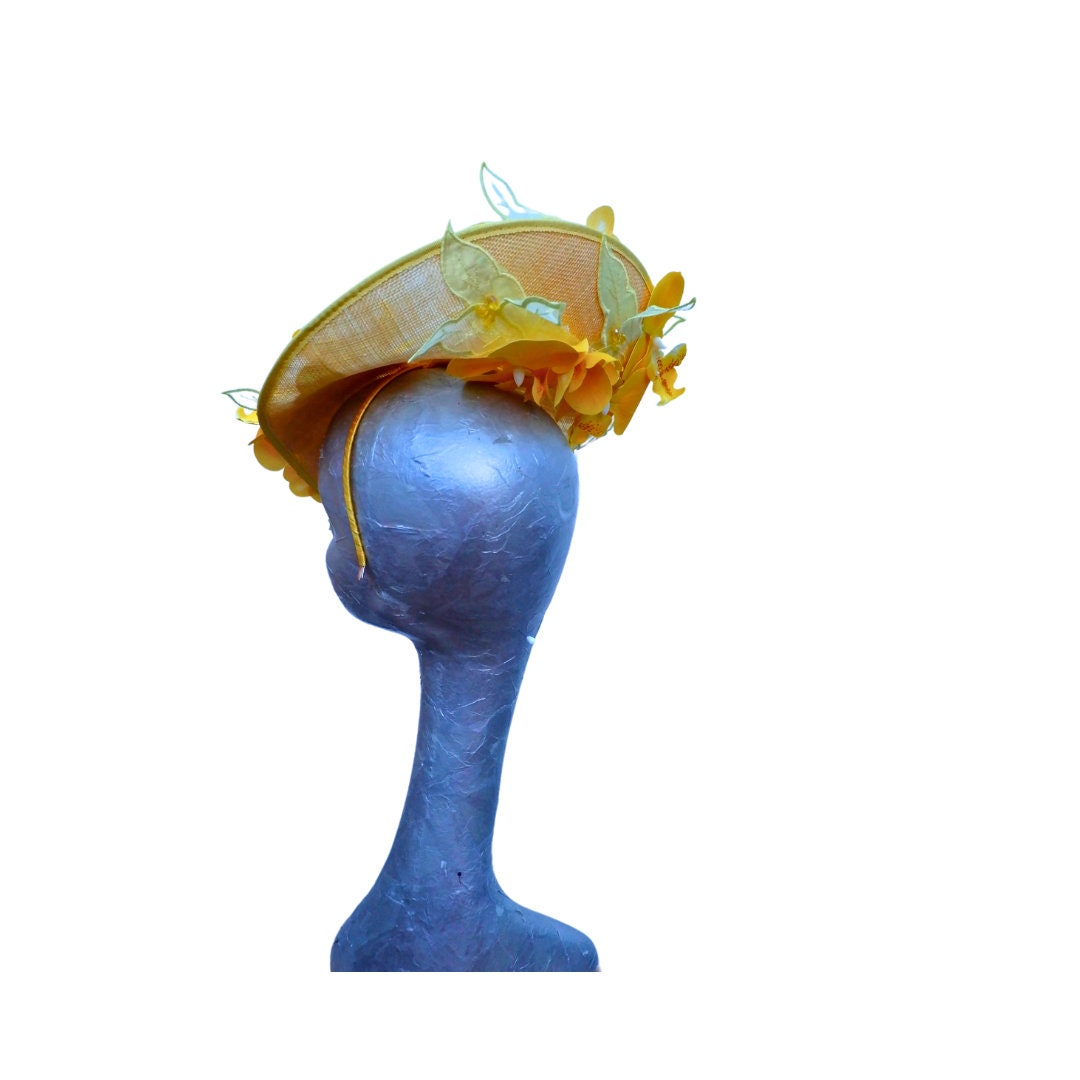 Orkney - Lemon Sinamay fascinator with Lemon & Pink Real touch Orchids