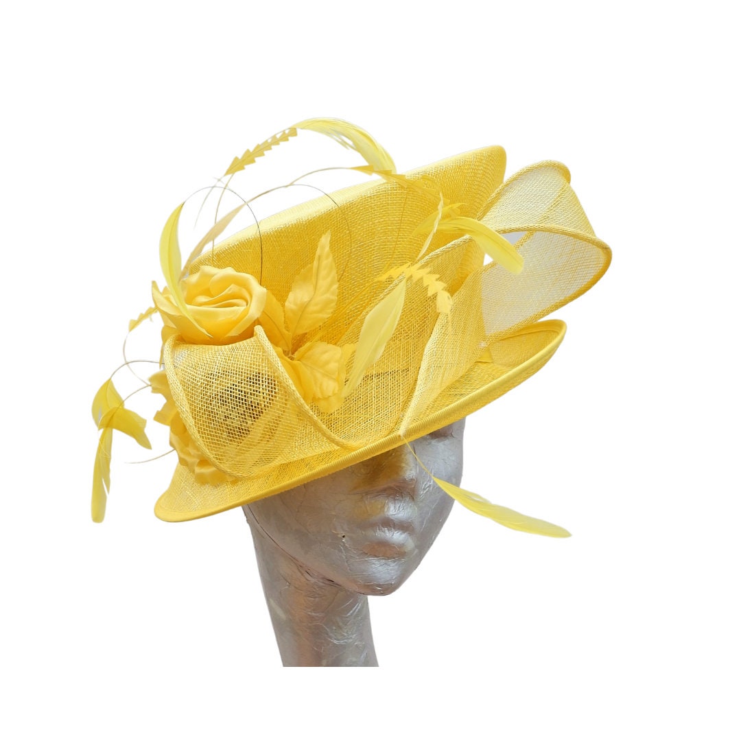 Cirrus - Maize Yellow feature hat with feather & Silk flower detail