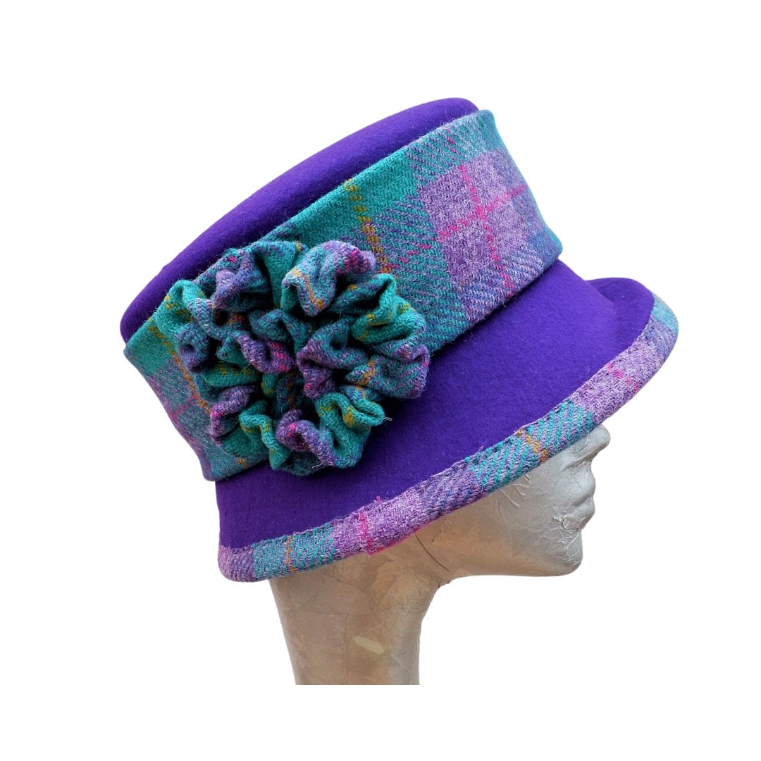 Bonnie - Purple Felt Bucket Hat with Harris Tweed Trim