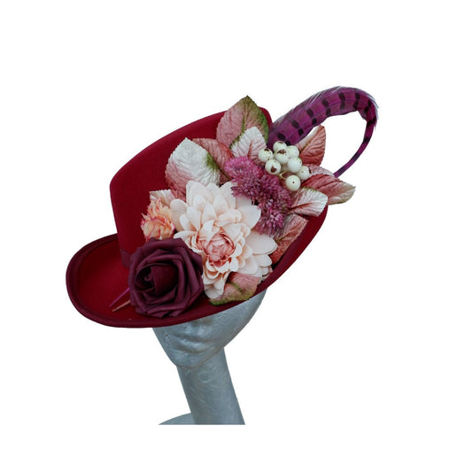 Hallie - WIne & Ivory/ blush slanted soft Top Hat with Floral detail